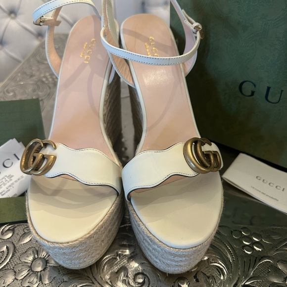 Authentic!! Gucci Lifford Calfskin Platform Wedge 40+ Mystic White - Picture 8 of 14